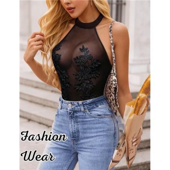 Women Teddy Lingerie Sexy Mesh Bodysuit Black - Picture 3 of 5